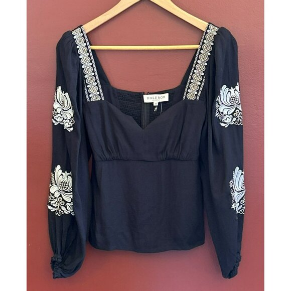 Hale Bob Black Deandra Embroidered Sweetheart Neckline Blouse Size XS Bohemian - Picture 1 of 9
